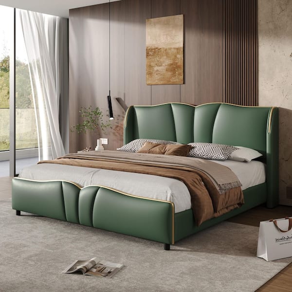 CHRISTOPHER KNIGHT HOME Parsi Modern Dark Green PU Leather Upholstered Wood Frame King Size Platform Bed with Wingback Headboard, Wavy Footboard