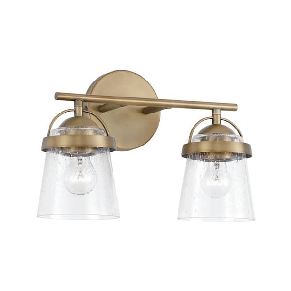 HOMEPLACE LIGHTING 14 in. W x 9.5 in. H 2-Light Vanity Light in Aged Brass with Clear Seeded Glass