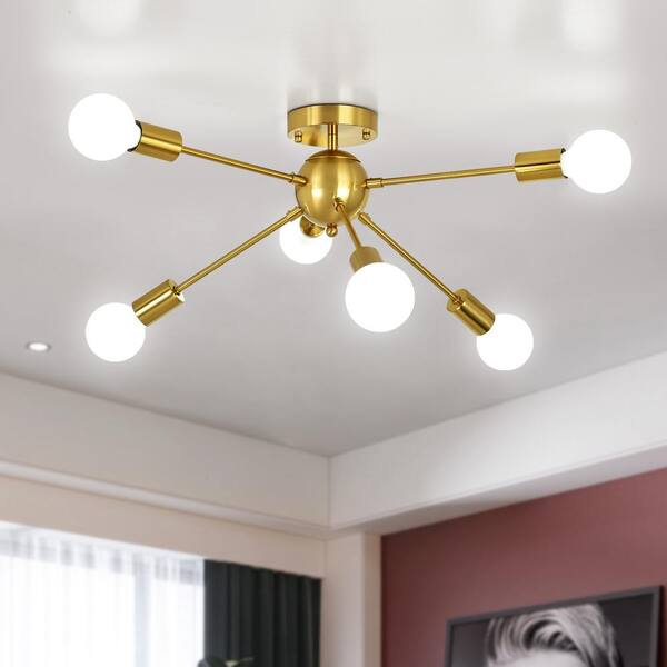 LWYTJO Doloros 6-Light 24.6 in. Gold Dimmable Sputnik Sphere Chandelier Modern Kitchen Semi Flush Mount Ceiling Starburst Light