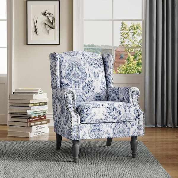 Uixe Retro Navy Blue Floral Pattern Linen Nailhead Trim