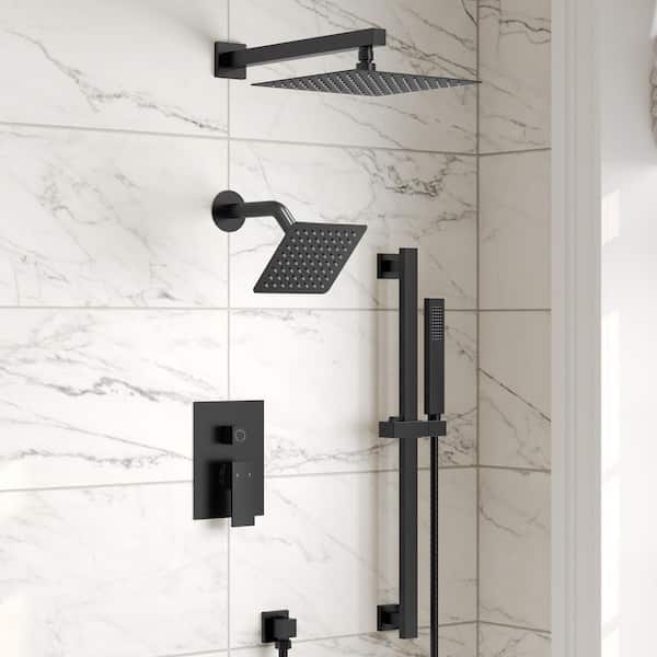 10 in. and 6 in. Square Shower System 3-Spray Dual Wall Mount Fixed and Handheld Shower Head 2.5 GPM in Matte Black