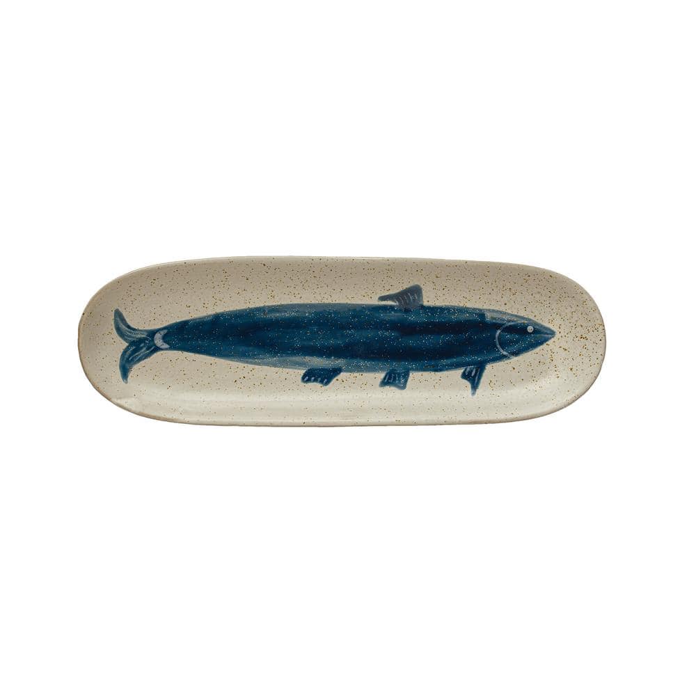 Storied Home 4.88 in. Antique White and Blue, Oval Farmhouse Stoneware Platter with Hand Painted Fish