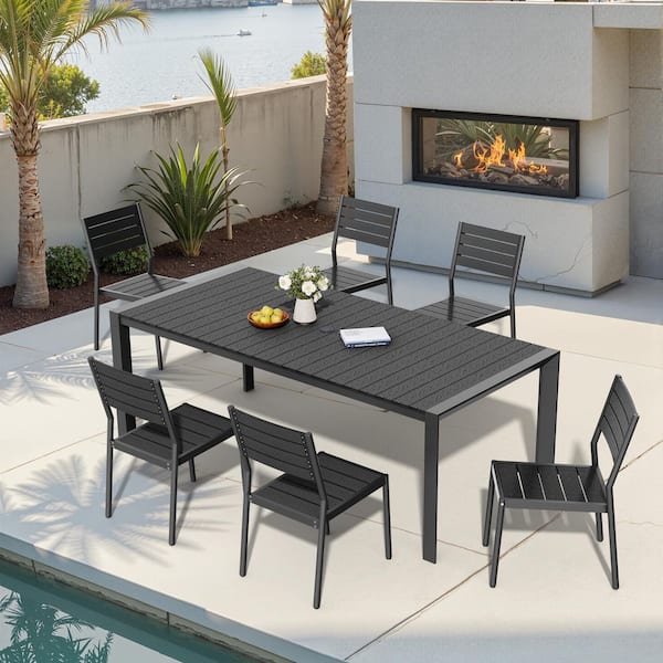 Black 7-Piece 84 in. Rectangular Aluminum Wood-Like Patio Outdoor Dining Set with Stackable Chairs and Umbrella Hole