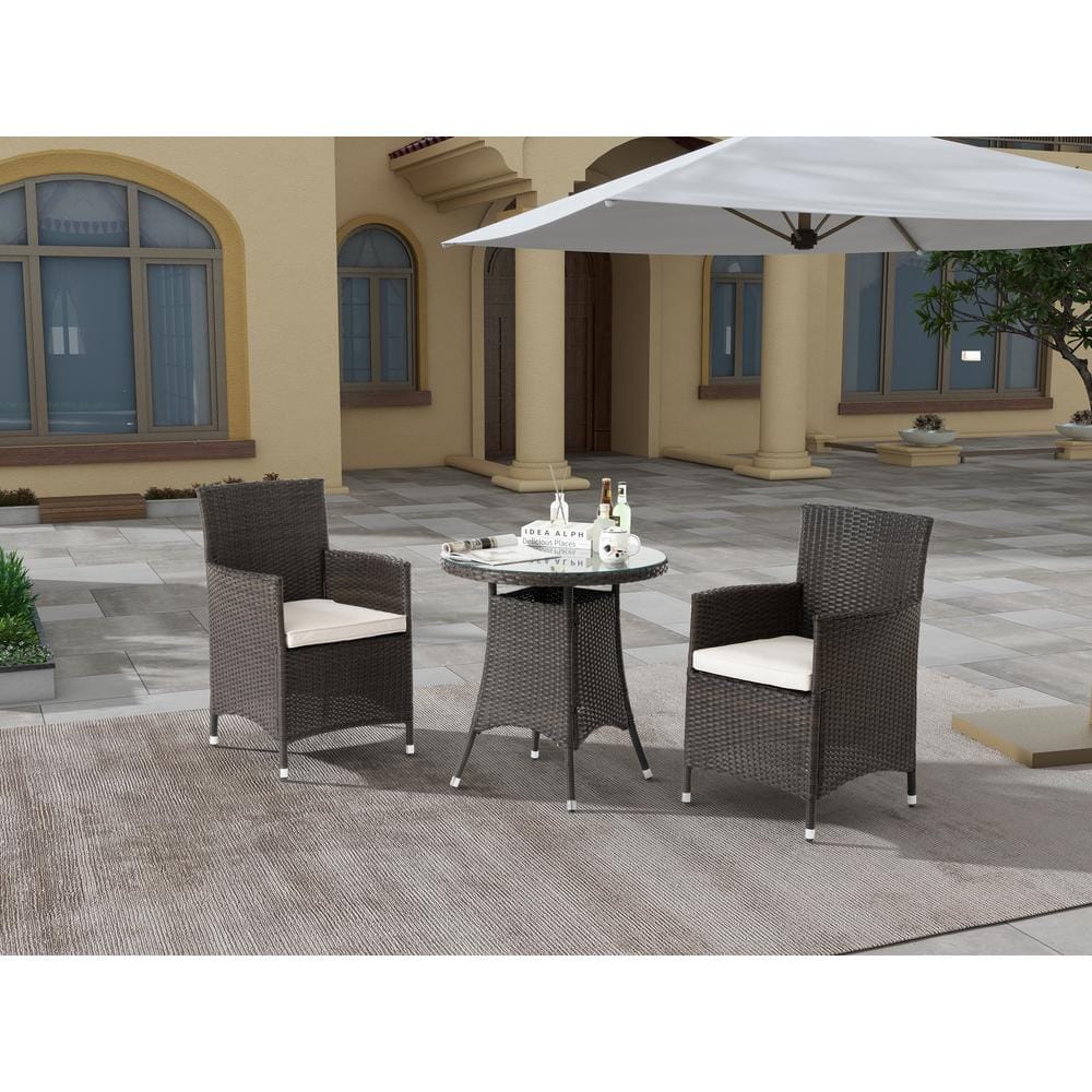 Modern 3-Piece Wicker Outdoor Dining Set with Tempered Glass Top and Washab