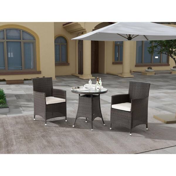 Unbranded Modern 3-Piece Wicker Outdoor Dining Set with Tempered Glass Top and Washable Cushions Brown