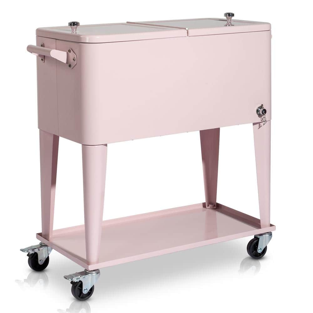 80 Qt Pink Metal Rolling Cooler with Lower Shelf and Lockable Wheels