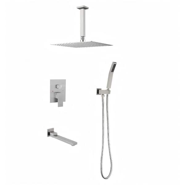 2-Spray 2 GPM Rectangle Ceiling Mounted Dual Shower System Combo Set with 16 in Shower head in Brushed Nickel