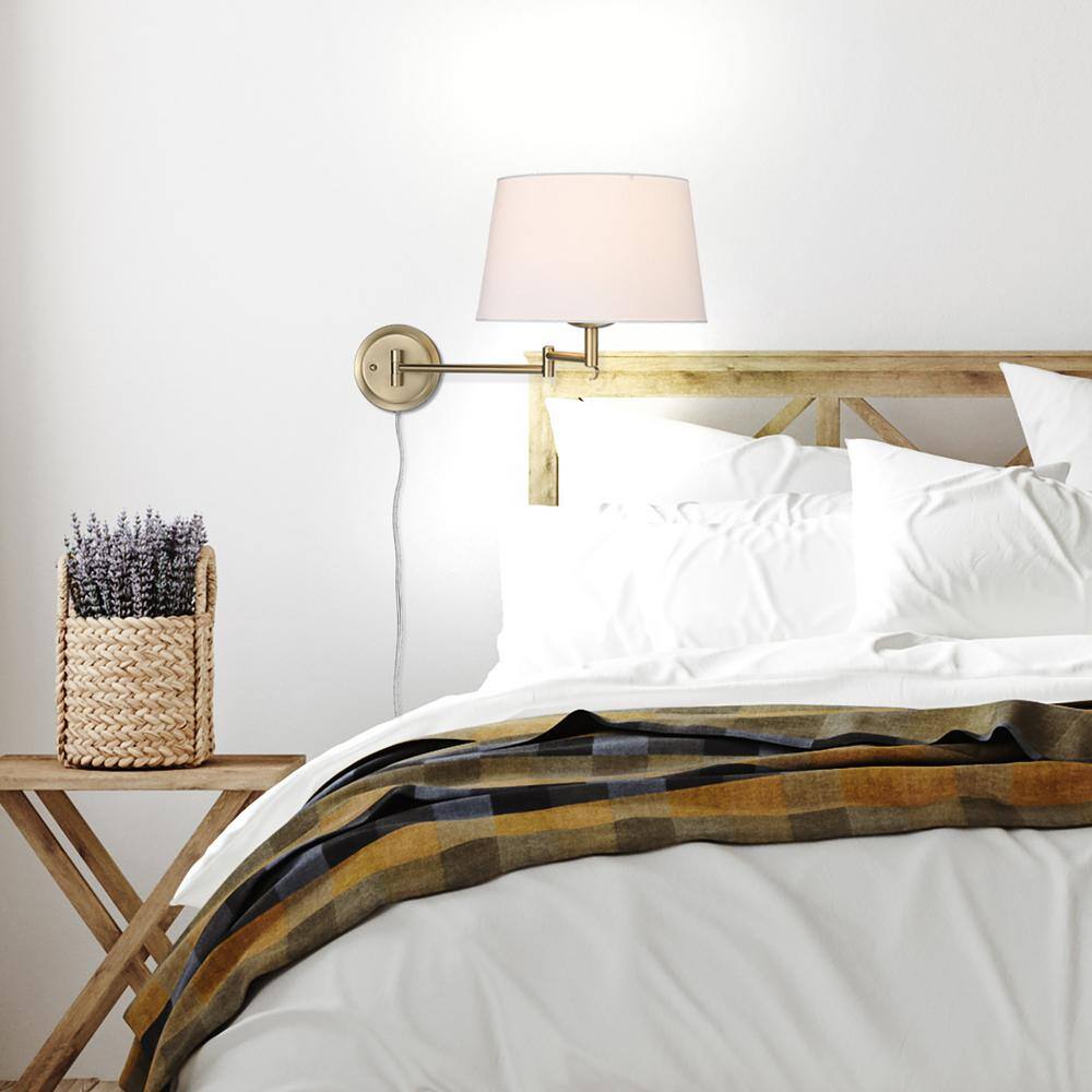 Brushed Bronze Swing Arm Wall Sconce with White Shade