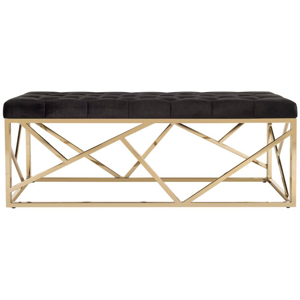 Luxurious Black Velvet and Gold Foil Tufted Rectangular Bench
