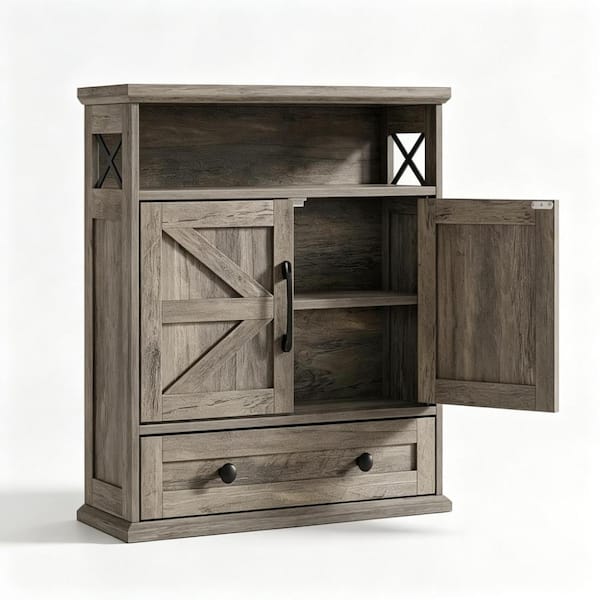 23.5 in. W x 23.6 in. H Grey Wood Wall Mount Medicine Cabinet without Mirror with Drawer