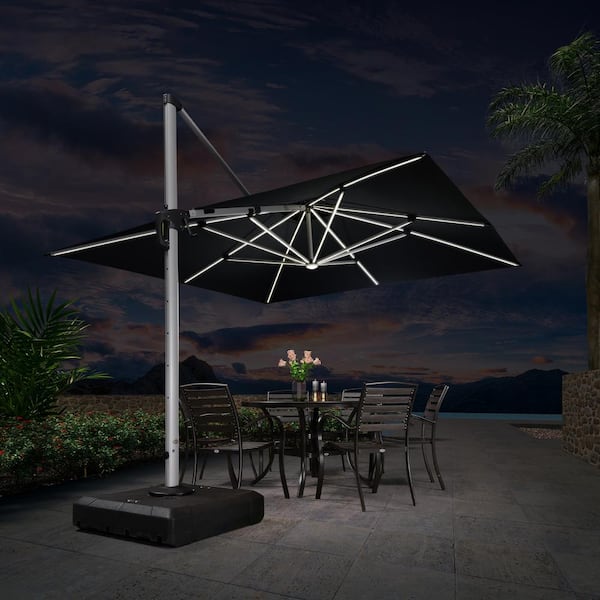PURPLE LEAF 11 ft. Square Aluminum Solar Powered LED Patio Cantilever Offset Umbrella with Base, Black