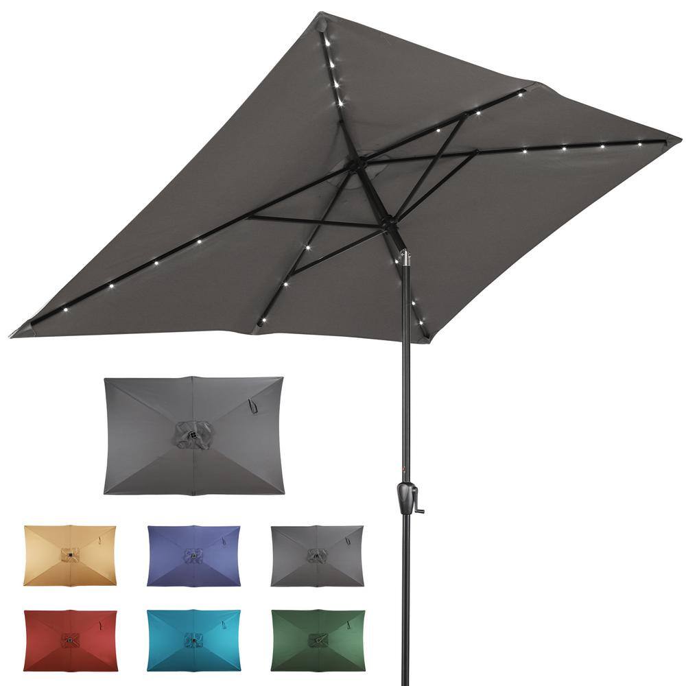 Gray Rectangular Steel Solar LED Patio Umbrella with Hand Crank