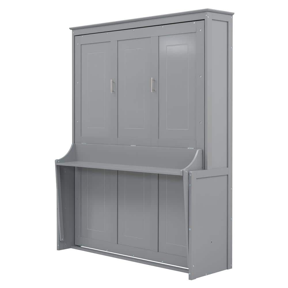 White Wooden Frame Queen Size Murphy Bed with a Storage Shelf - thumbnail 7