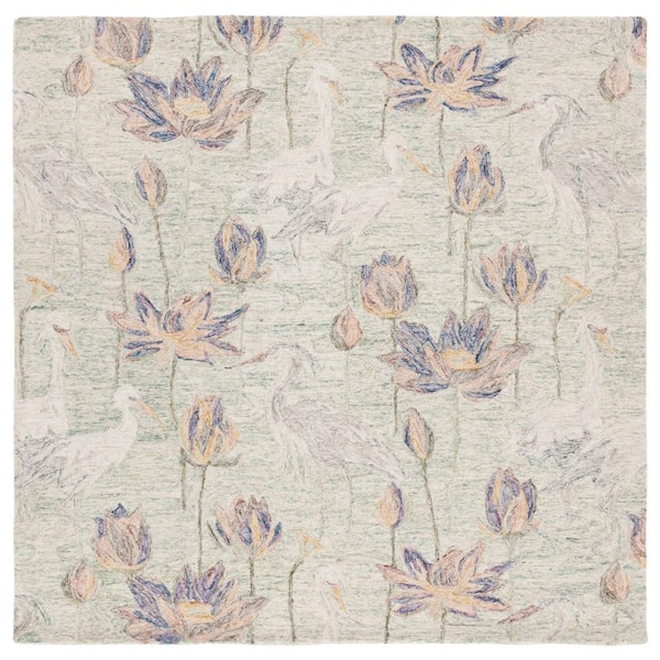 Blossom 6 ft. x 6 ft. Green/Ivory Oversized Floral Square Area Rug