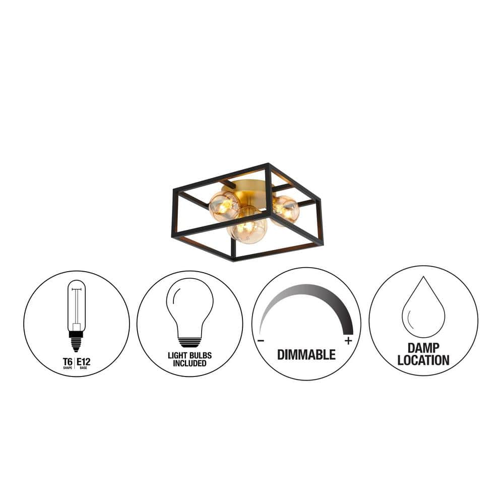 Modern Matte Black and Gold 14" Square LED Flush Mount Ceiling Light