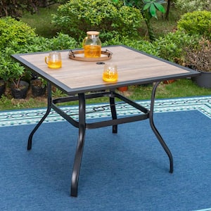 Black Square Metal Patio Outdoor Dining Table with 1.57" Umbrella Hole and Wood-Look Tabletop