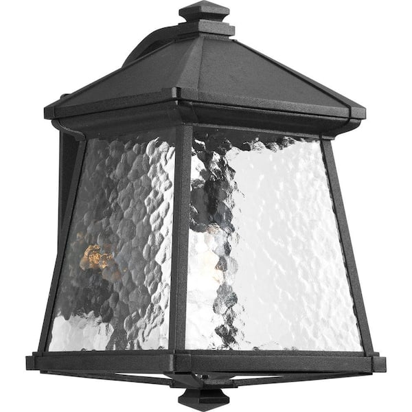 Progress Lighting Mac Collection 1-Light Textured Black Water Patterned Glass Craftsman Outdoor Large Wall Lantern Light
