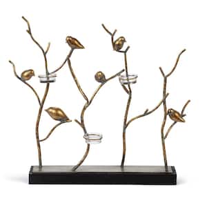 17.91 in. H Black Metal and Wood Bird in Branches Tabletop Decor