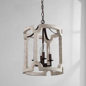 Drum Wood Chandelier, 4-Light White Lantern Island Pendant Light Rustic Chandelier Candlestick Farmhouse Chandelier