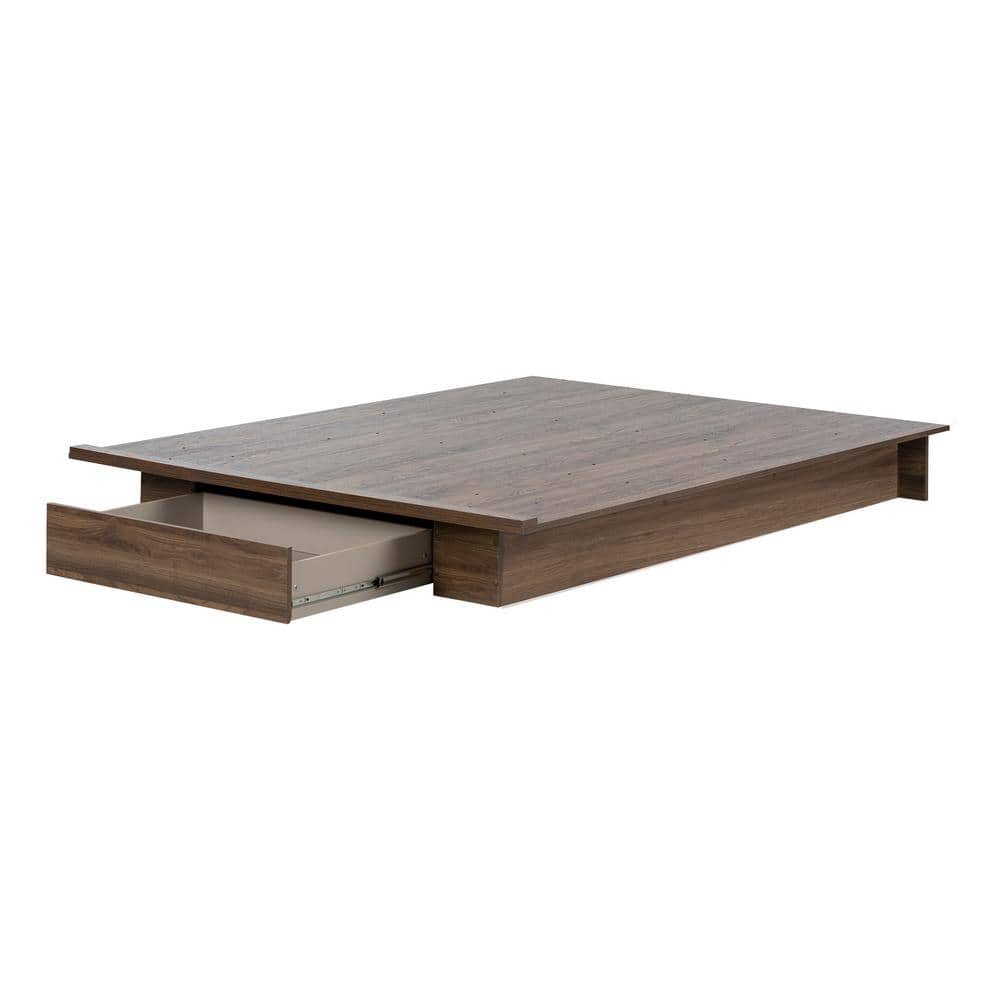 Natural Walnut Queen Platform Bed with Storage Drawer
