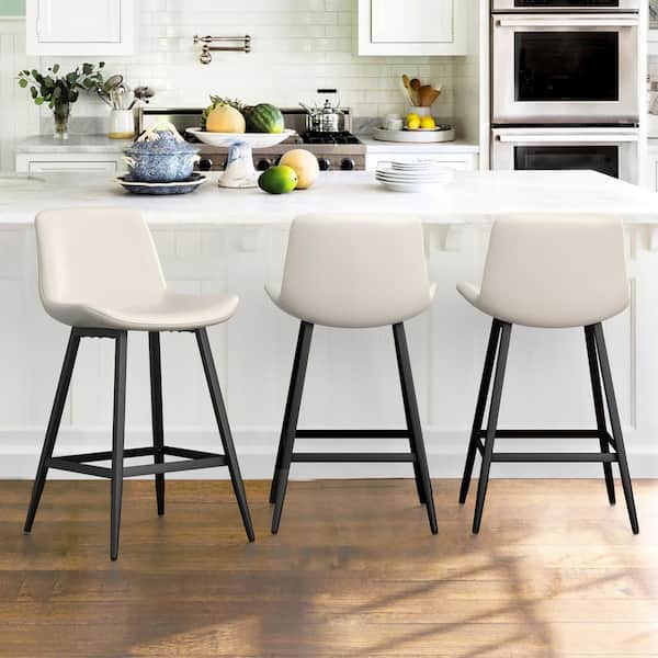 cozyman 24 in.White Low Back Metal Frame Barstool Cushioned Counter Height Bar Stool with Faux Leather Seat Set of 3