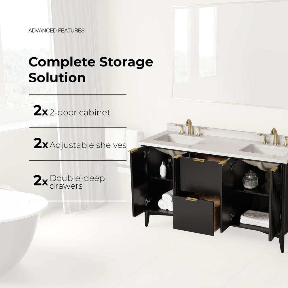 60 in. Onyx Black Double Sink Bathroom Vanity with White Marble Top