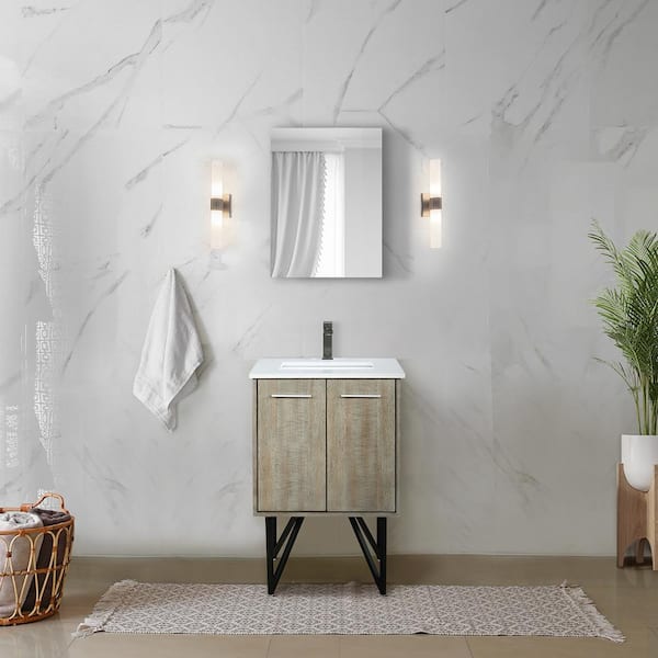 Lexora Lancy 24 in W x 20 in D Rustic Acacia Bath Vanity, White Quartz Top and Gun Metal Faucet Set