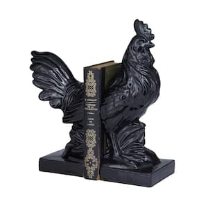 Black Ceramic Rooster Bookends with Enamel Exterior (Set of 2)