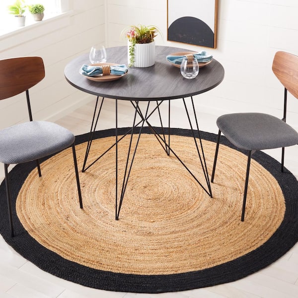 Natural Fiber Beige/Black 6 ft. x 6 ft. Woven Border Round Area Rug