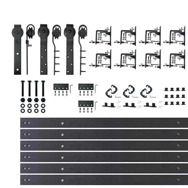 10 ft./120 in. Black Rustic Inverted Bent Triple Track Bypass Sliding Barn Door Track and Hardware Kit for Triple Doors