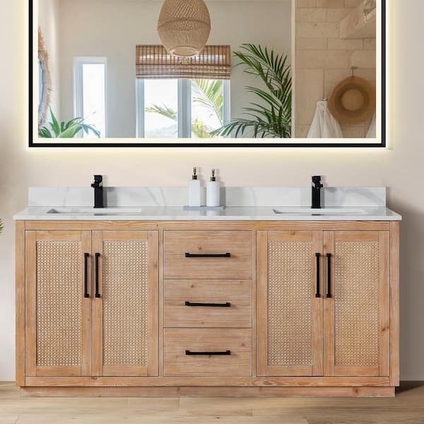 Floral 72 in. W x 22 in. D x 33 in. H Double Sink Freestanding Bath Vanity in Brown with Calacatta White Quartz Top