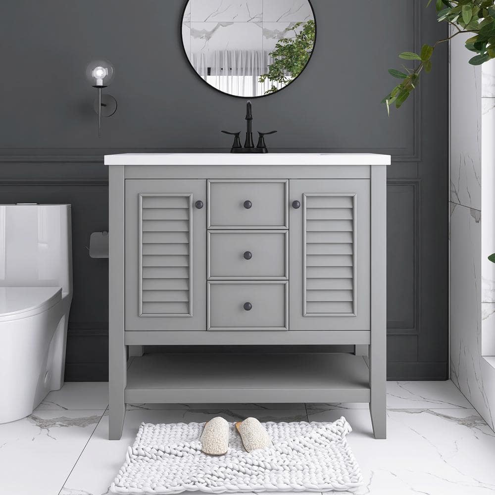 36 in. W x 18 in. D x 34 in. H Freestanding Bath Vanity in Gray with White 