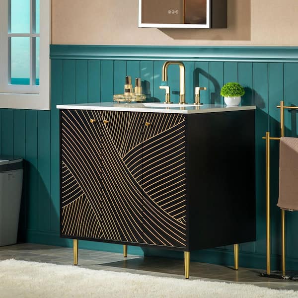 36 in. W x 22 in. D Single Sink Freestanding Bath Vanity in Black and Gold Accent with White Engineered stone Vanity Top