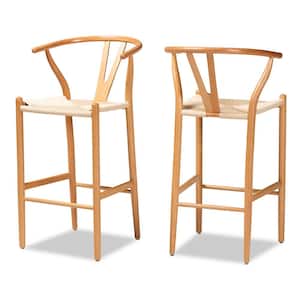 Paxton 40.7 in. Beige and Oak Brown Low Back Wood Frame Bar Stool (Set of 2)