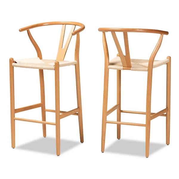 Baxton Studio Paxton 40.7 in. Beige and Oak Brown Low Back Wood Frame Bar Stool (Set of 2)