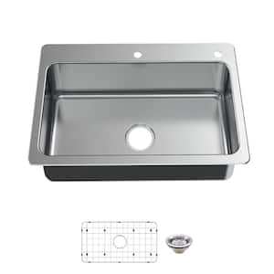 Bratten Drop-In/Undermount 18G Stainless Steel 33 in. 2-Hole Single Bowl Kitchen Sink with Accessories