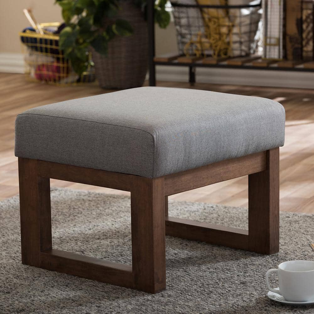 Gray Fabric Upholstered Walnut Wood Ottoman Stool