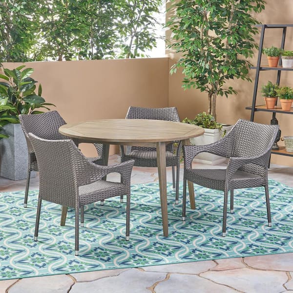 Noble House Donatella Gray 5-Piece Wood and Faux Rattan Outdoor Patio Dining Set
