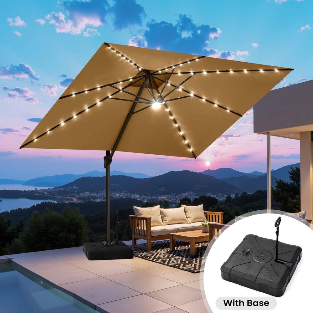 11 ft offset led patio umbrella in tan 11 ft. x 11 ft. Cantilever Patio Umbrella in Tan Brown Outdoor Offset Umbrella w/ Solar Lights and 350 lb. Wheeled Base