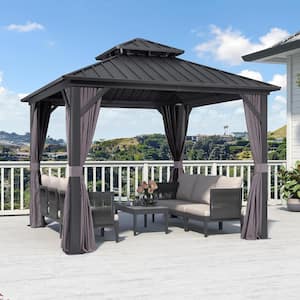 10 ft. x 10 ft. Gray Aluminum Hardtop Gazebo Canopy with Netting and Curtains