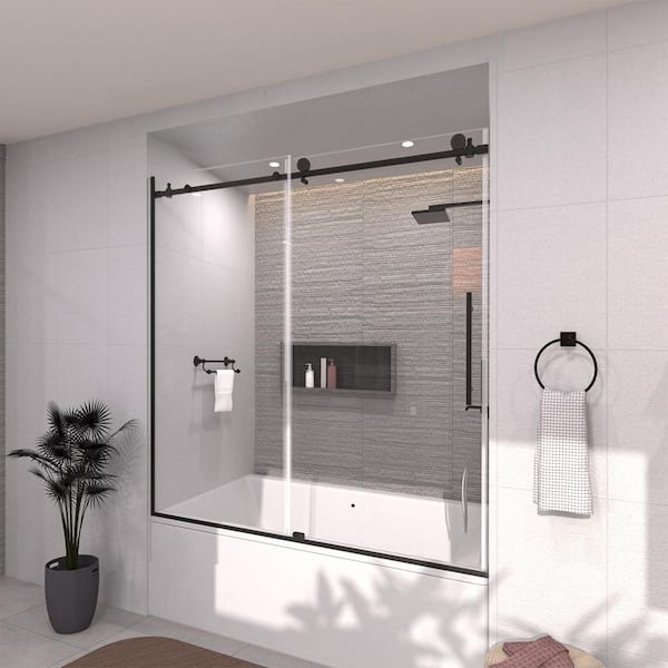 60 in. W x 60 in. H Sliding Semi Frameless Shower Door in Matte Black Finish