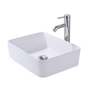 White Ceramics Rectangle Vessel Sink with Chrome Faucet Pop Up Drain Set