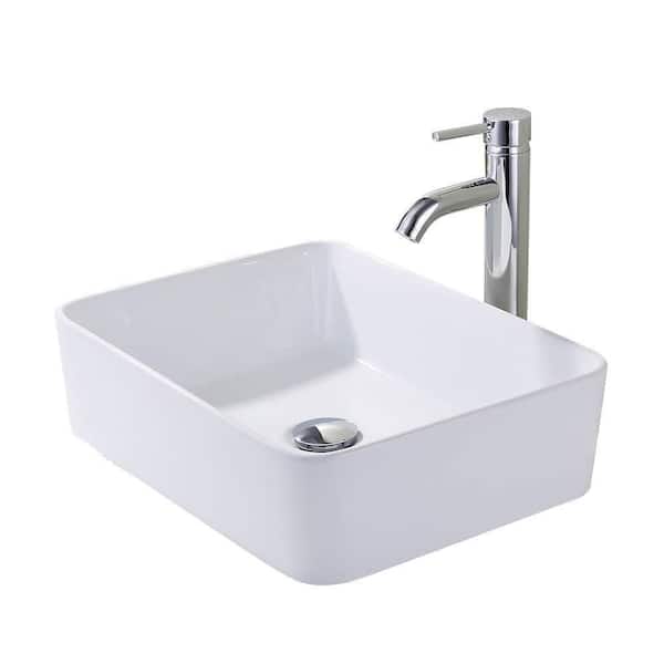 eclife White Ceramics Rectangle Vessel Sink with Chrome Faucet Pop Up Drain Set