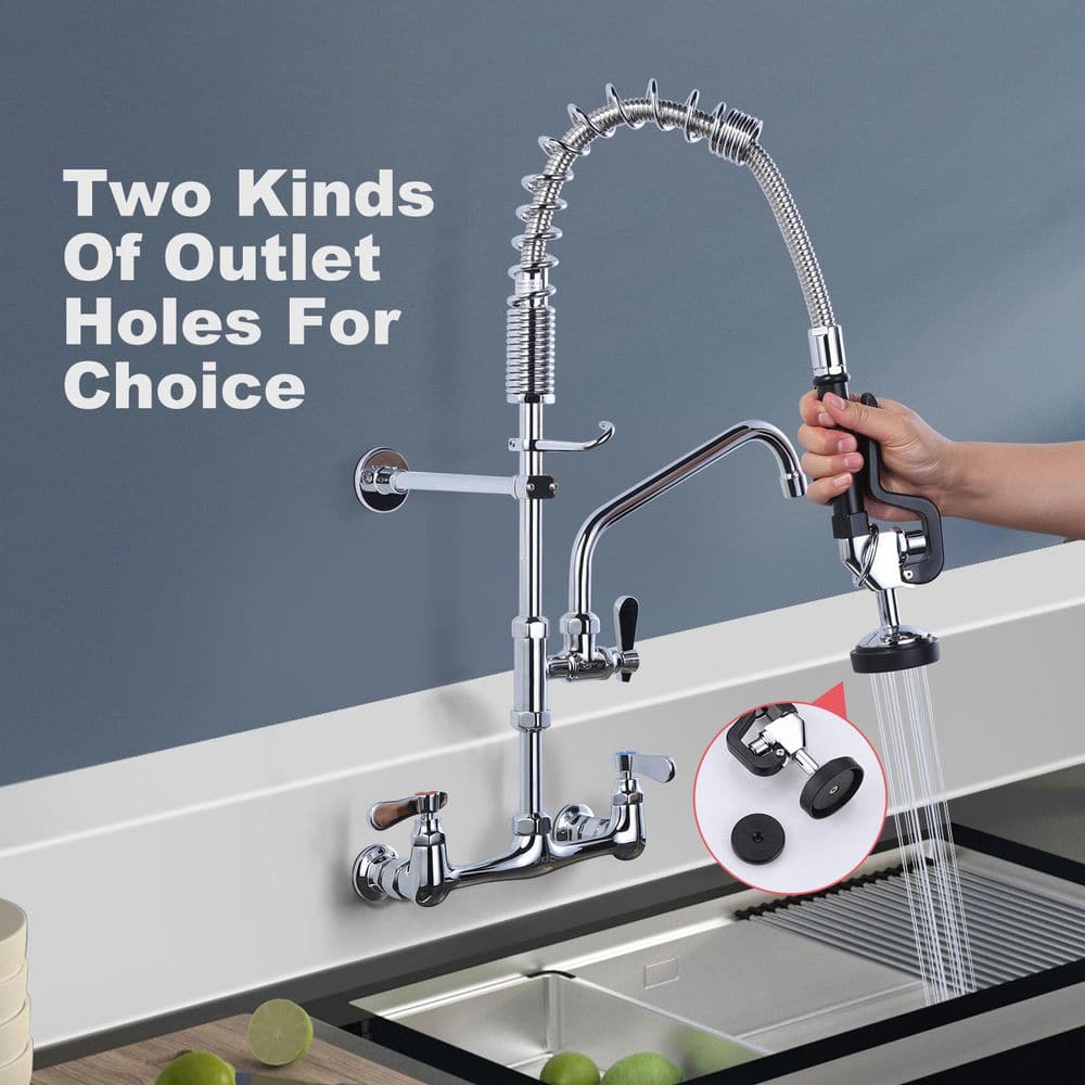 25-Inch Chrome Wall Mount Triple Handle Commercial Kitchen Faucet with Pull-Out Spray