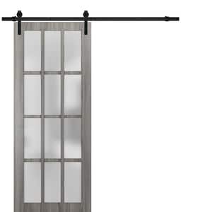 3312 18 in. x 80 in. Full Lite Frosted Glass Gray Solid Wood Sliding Barn Door with Hardware Kit