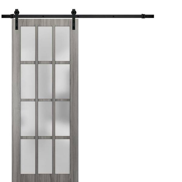 Sartodoors 3312 18 in. x 80 in. Full Lite Frosted Glass Gray Solid Wood Sliding Barn Door with Hardware Kit