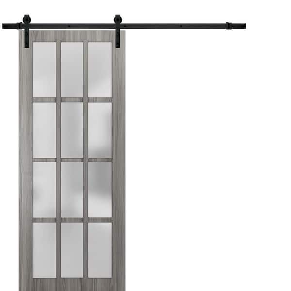Sartodoors 18 in. x 96 in. Full Lite Frosted Glass Gray Finished Solid Wood Sliding Barn Door with Hardware Kit