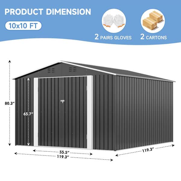 VIWAT 10 ft. W x 10 ft. D Metal Outdoor Storage Shed with Lockable