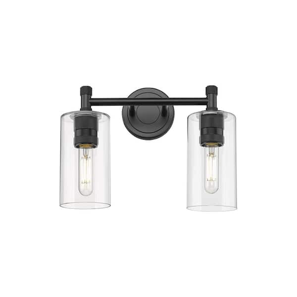 Innovations Crown Point 13.88 in. 2-Light Matte Black Vanity Light with Glass Shade