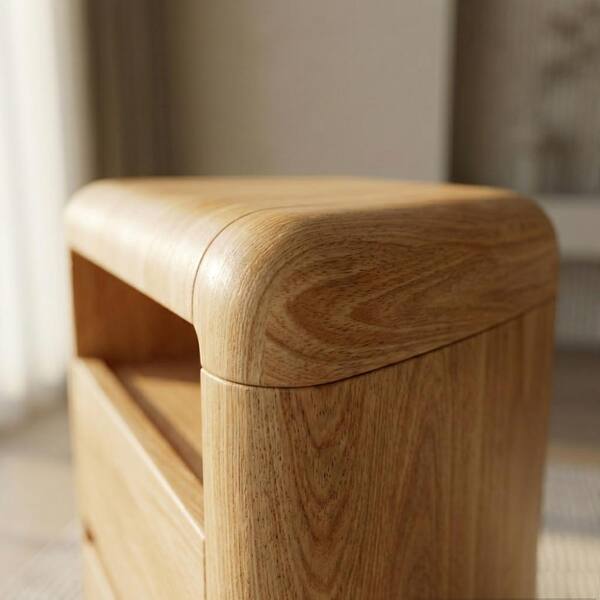 Natural Solid Wood 2 Drawers Nightstand w/Charger Station, Open